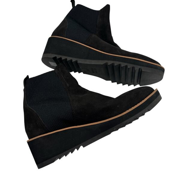 Eileen Fisher Lilou Nubuck Stretch Knit Black Ankle Boot 2” Wedge Chelsea 7.5 - Picture 3 of 13